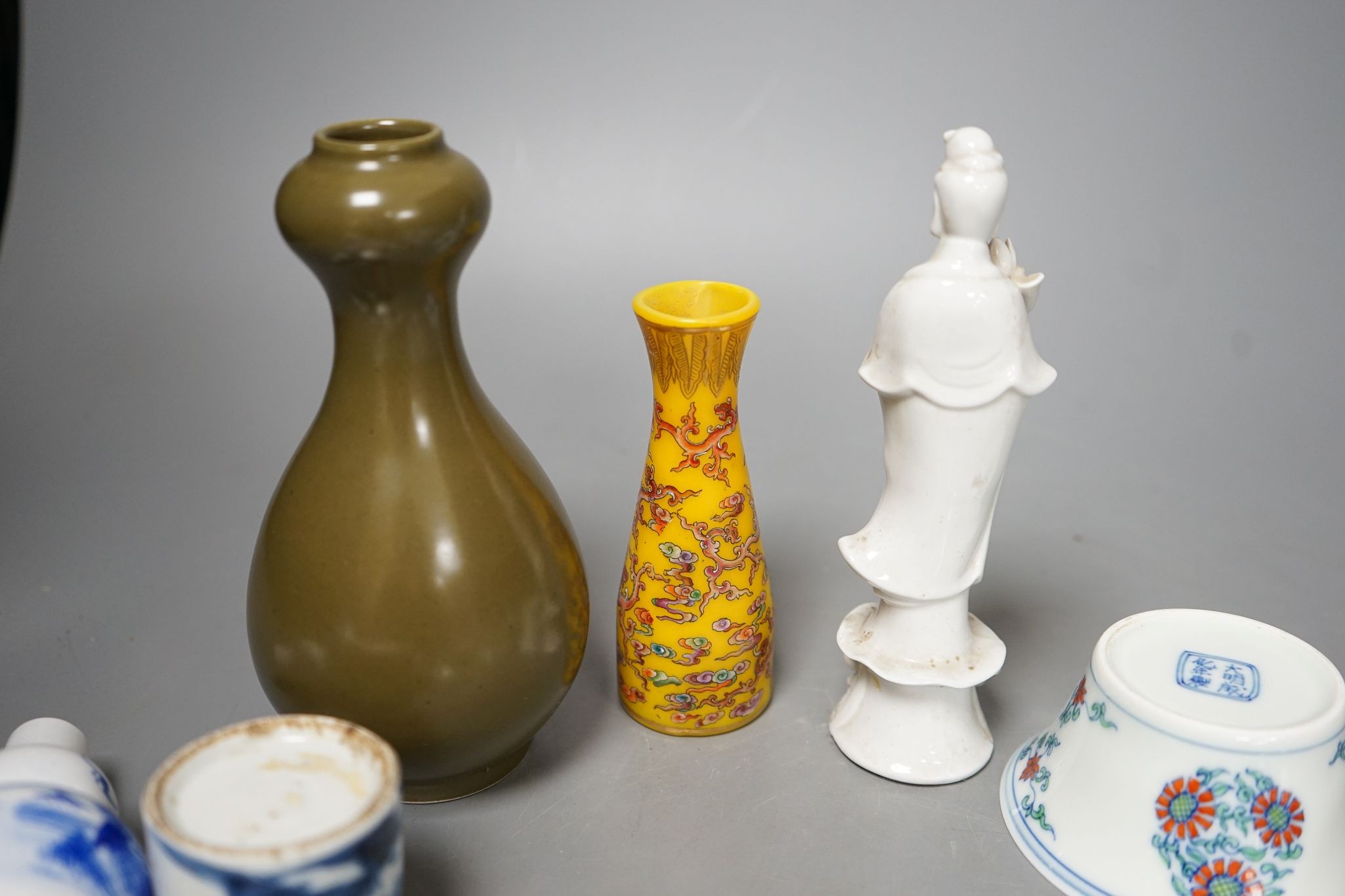 A group of Chinese ceramics including a tea dust vase, blanc de chine figure, famille rose box and cover etc., tallest 16cm